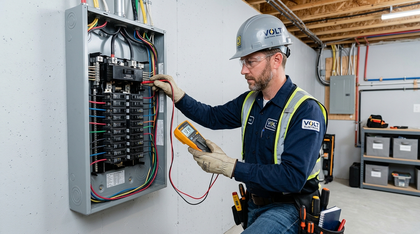 Jocic Electric Inc. licensed electrician inspecting a 200 amp electrical panel upgrade in a Pickering home